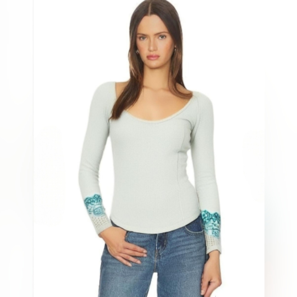 Free People We The Free Blue Gray Bandana Cuff Thermal Top